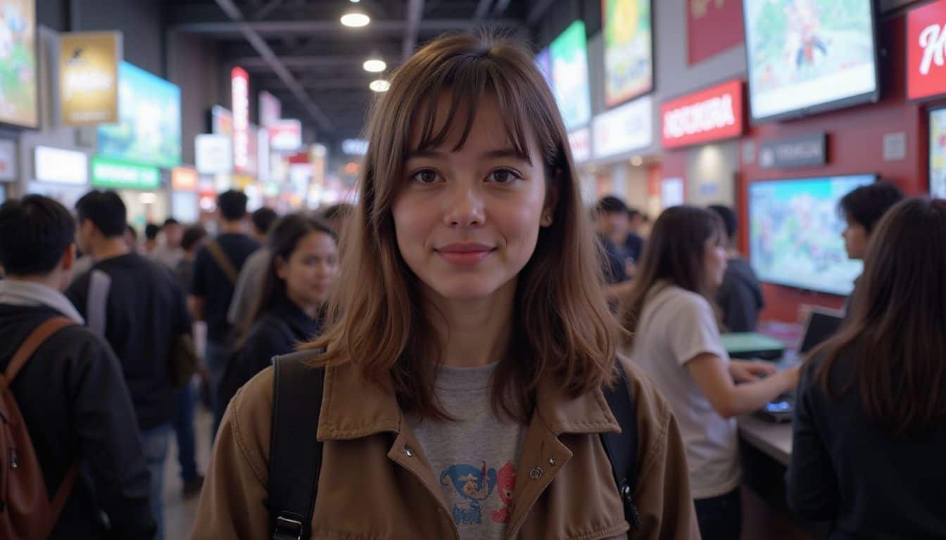 A woman at a gaming event in Japan, surrounded by excited gamers and vibrant game booths. A woman at a gaming event in Japan, surrounded by excited gamers and vibrant game booths.