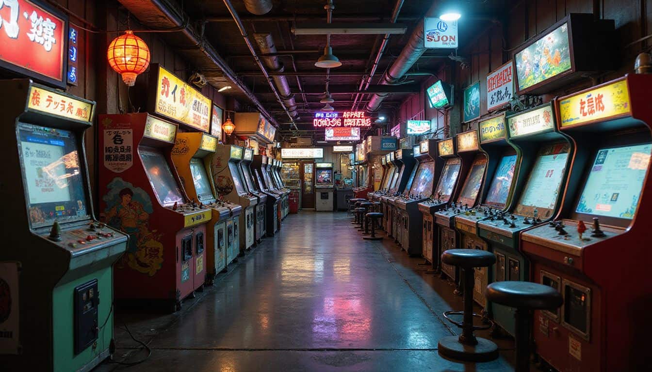 An old arcade hall in Japan filled with vintage gaming machines and glowing neon lights. An old arcade hall in Japan filled with vintage gaming machines and glowing neon lights.
