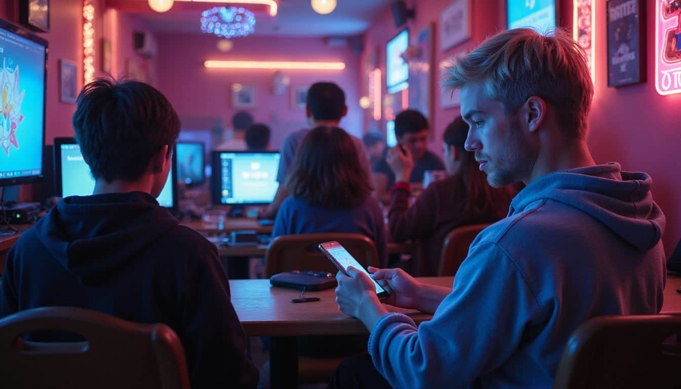 A man in his late 20s is shown sitting in a cozy gaming café with local gamers focused on their devices. A man in his late 20s is shown sitting in a cozy gaming café with local gamers focused on their devices.