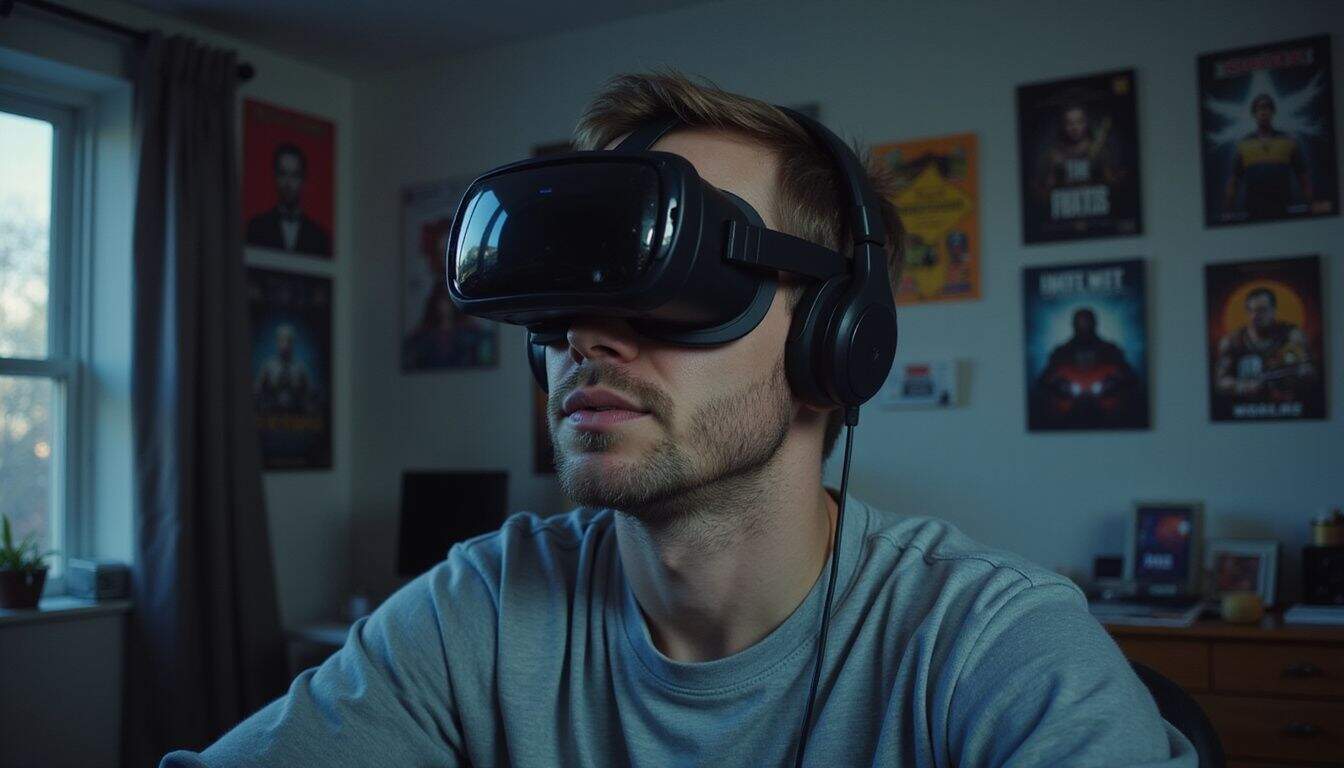A man in his thirties wearing a futuristic gaming headset is playing a virtual reality game at home. A man in his thirties wearing a futuristic gaming headset is playing a virtual reality game at home.