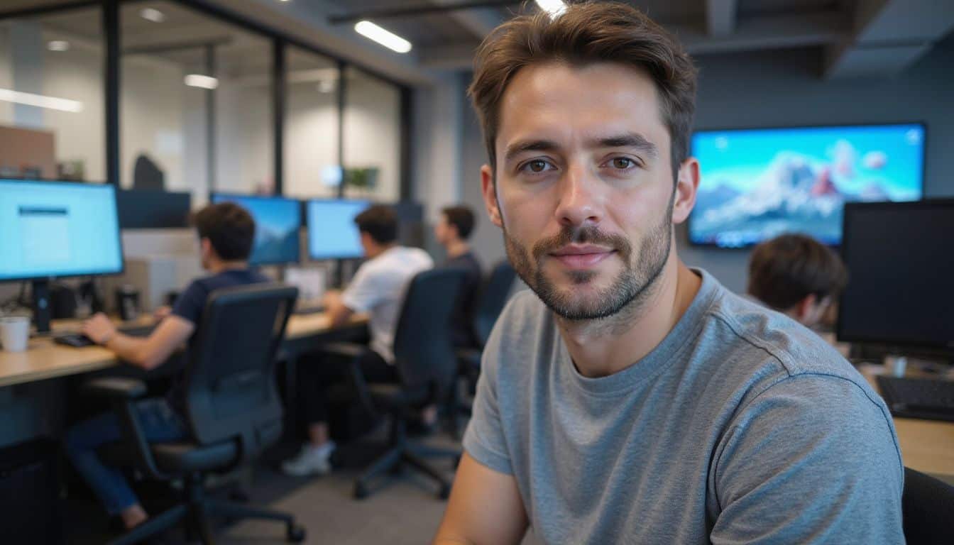 A game developer collaborates with a team in a Tokyo office on cloud gaming and AR technology. A game developer collaborates with a team in a Tokyo office on cloud gaming and AR technology.