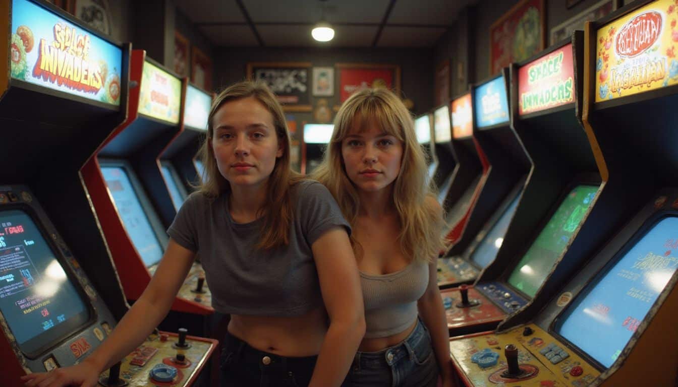 A group of young adults having fun and playing classic arcade games in a dimly lit arcade. A group of young adults having fun and playing classic arcade games in a dimly lit arcade.
