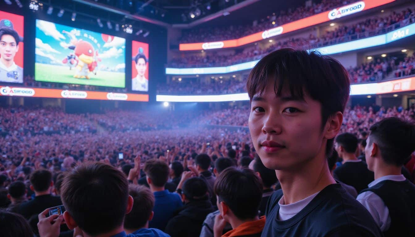 The photo shows a crowded esports stadium in Japan during a Pokémon tournament. The photo shows a crowded esports stadium in Japan during a Pokémon tournament.