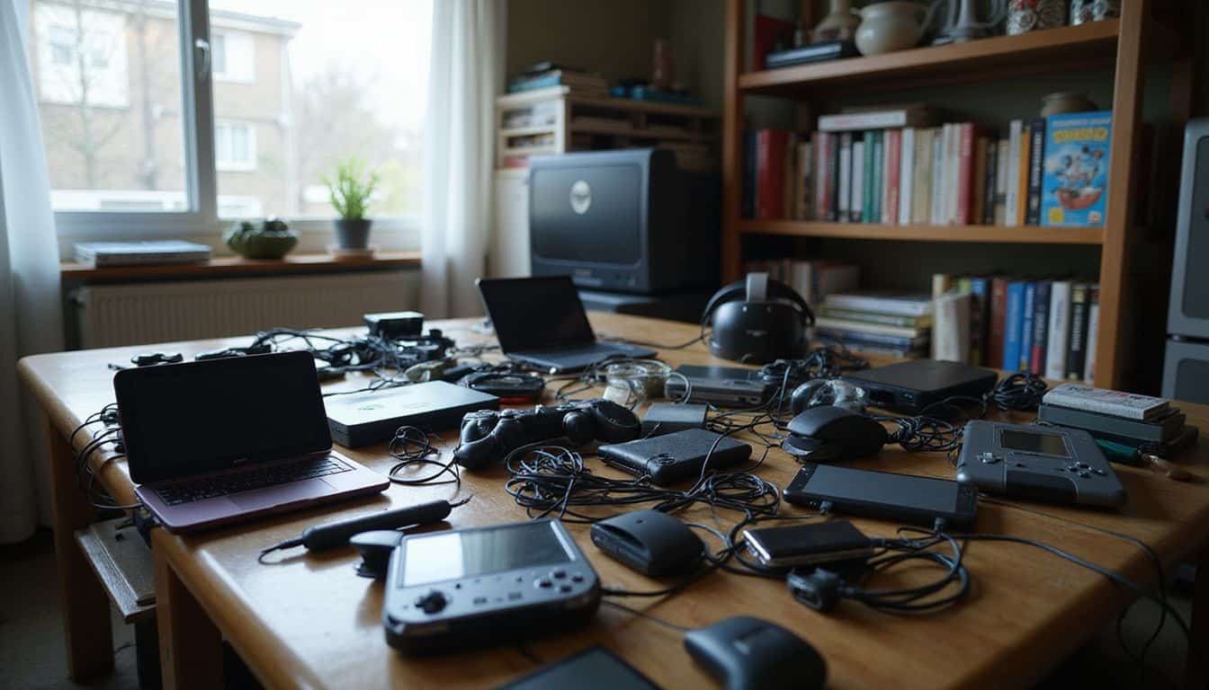 The image depicts a cluttered Japanese gaming room filled with handheld consoles, VR headsets, and mobile devices. The image depicts a cluttered Japanese gaming room filled with handheld consoles, VR headsets, and mobile devices.