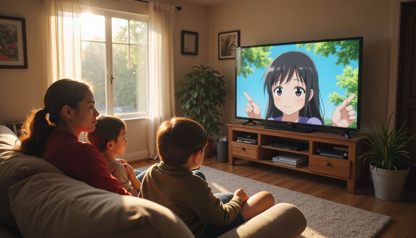 A family enjoys watching colorful anime together in their cozy living room. A family enjoys watching colorful anime together in their cozy living room.