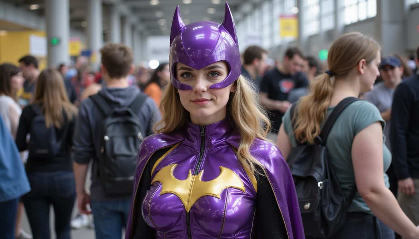 A woman in her 20s wearing a Batgirl cosplay at a comic convention.