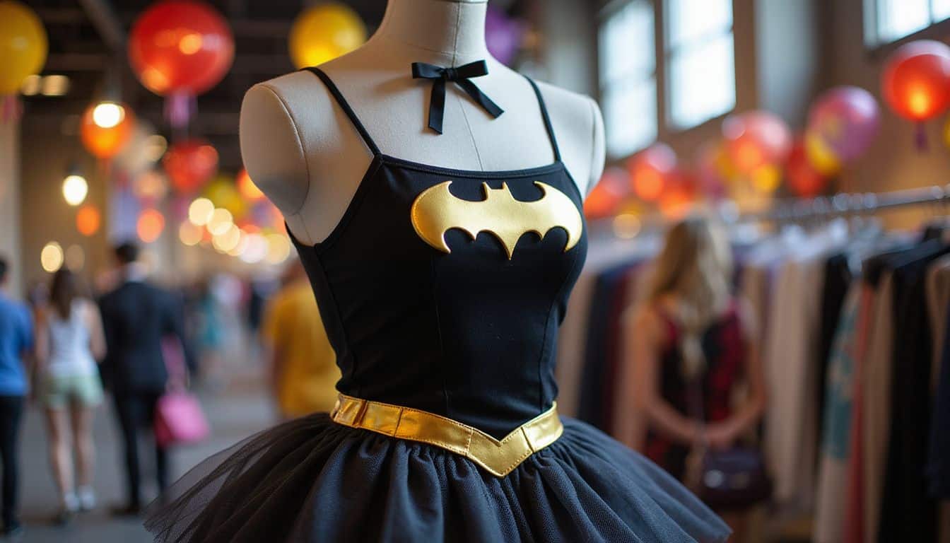 A black mini Batgirl dress with gold Batman logo on mannequin at a comic event.