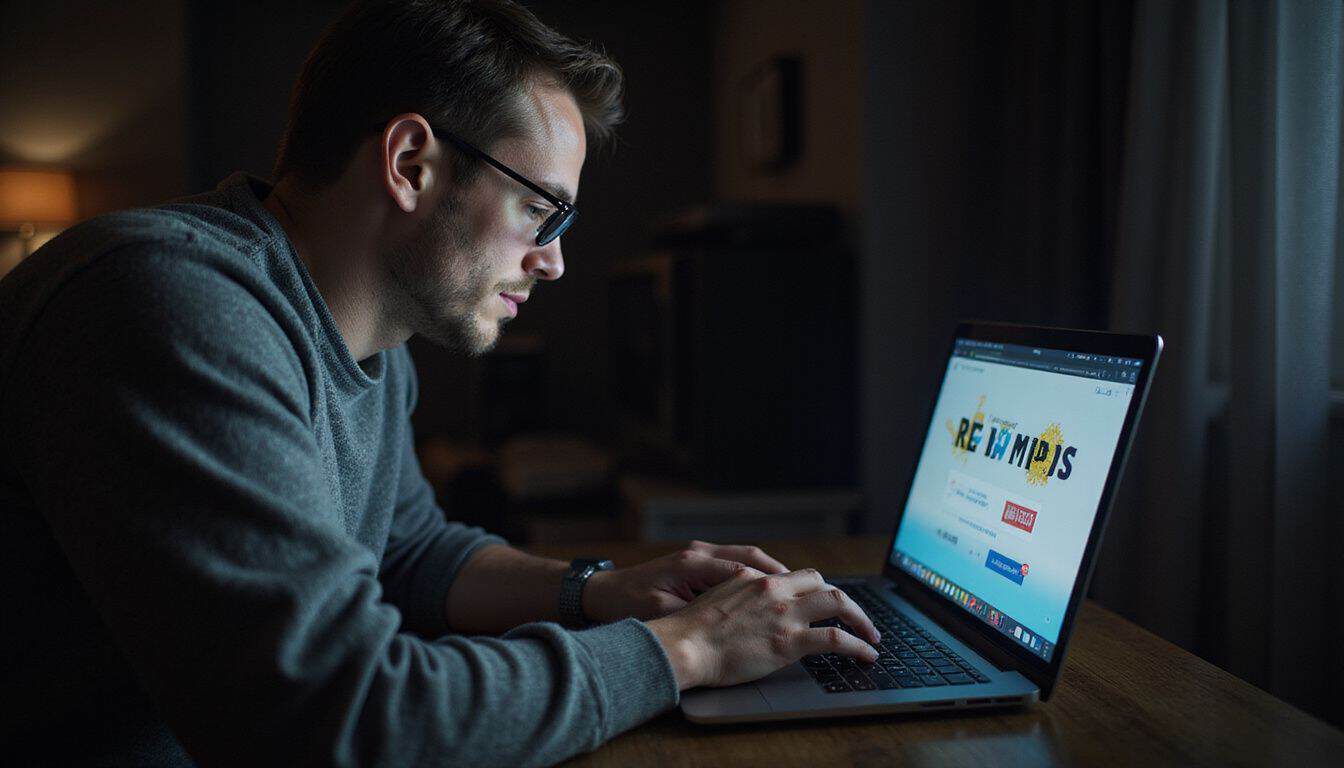 A man in casual clothing is using the Microsoft Rewards app on his laptop. A man in casual clothing is using the Microsoft Rewards app on his laptop.