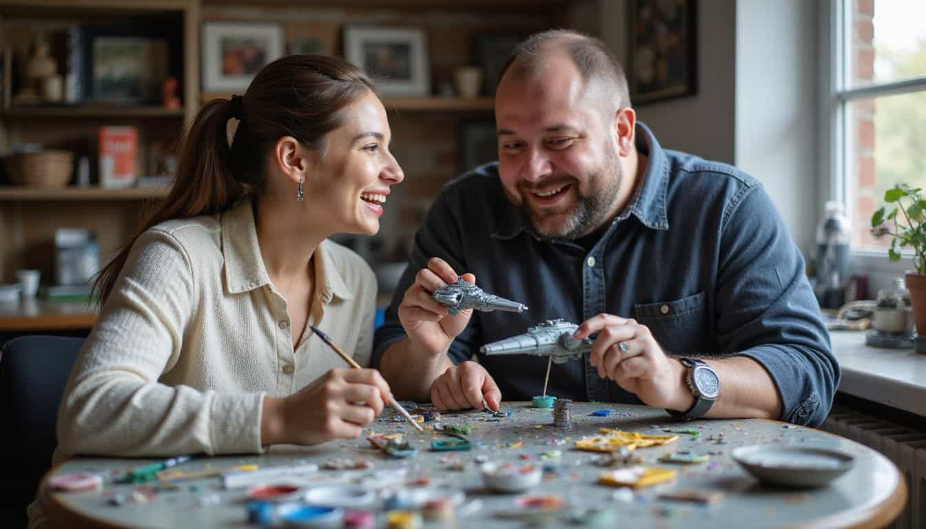 A young couple joyfully paints sci-fi models at a cluttered table. A young couple joyfully paints sci-fi models at a cluttered table.