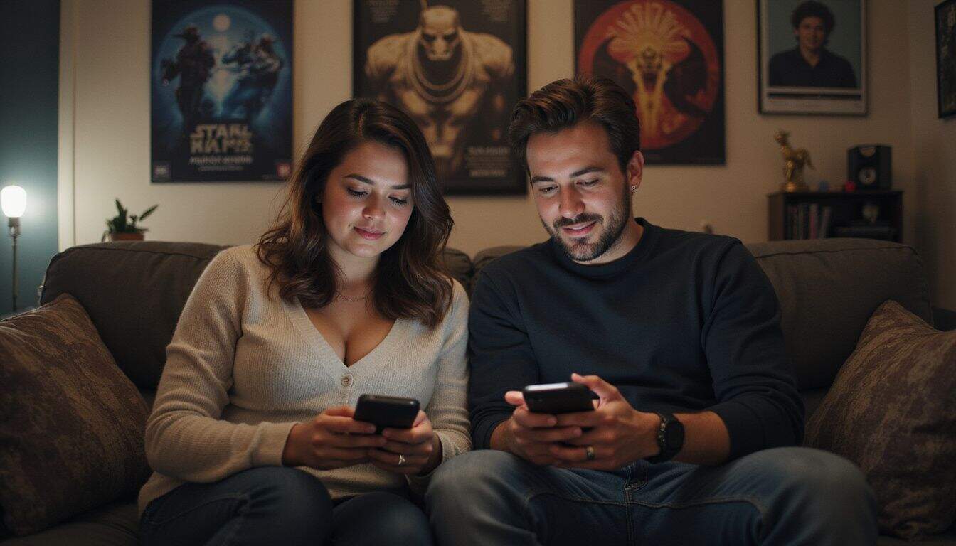 A couple in their late 20s sitting on a couch, swiping through a dating app on their smartphones. A couple in their late 20s sitting on a couch, swiping through a dating app on their smartphones.