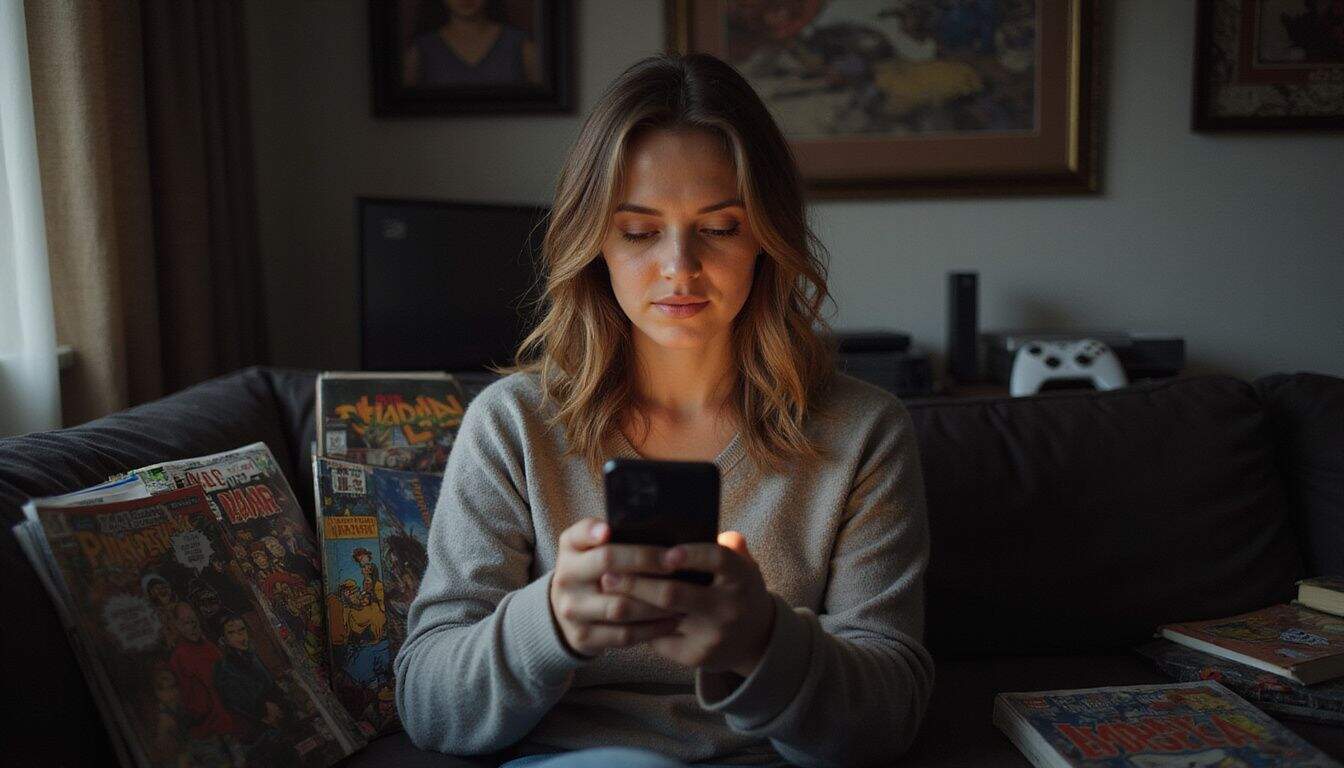 A woman in her 30s sits surrounded by comic books and gaming consoles, swiping through a geeky dating app. A woman in her 30s sits surrounded by comic books and gaming consoles, swiping through a geeky dating app.