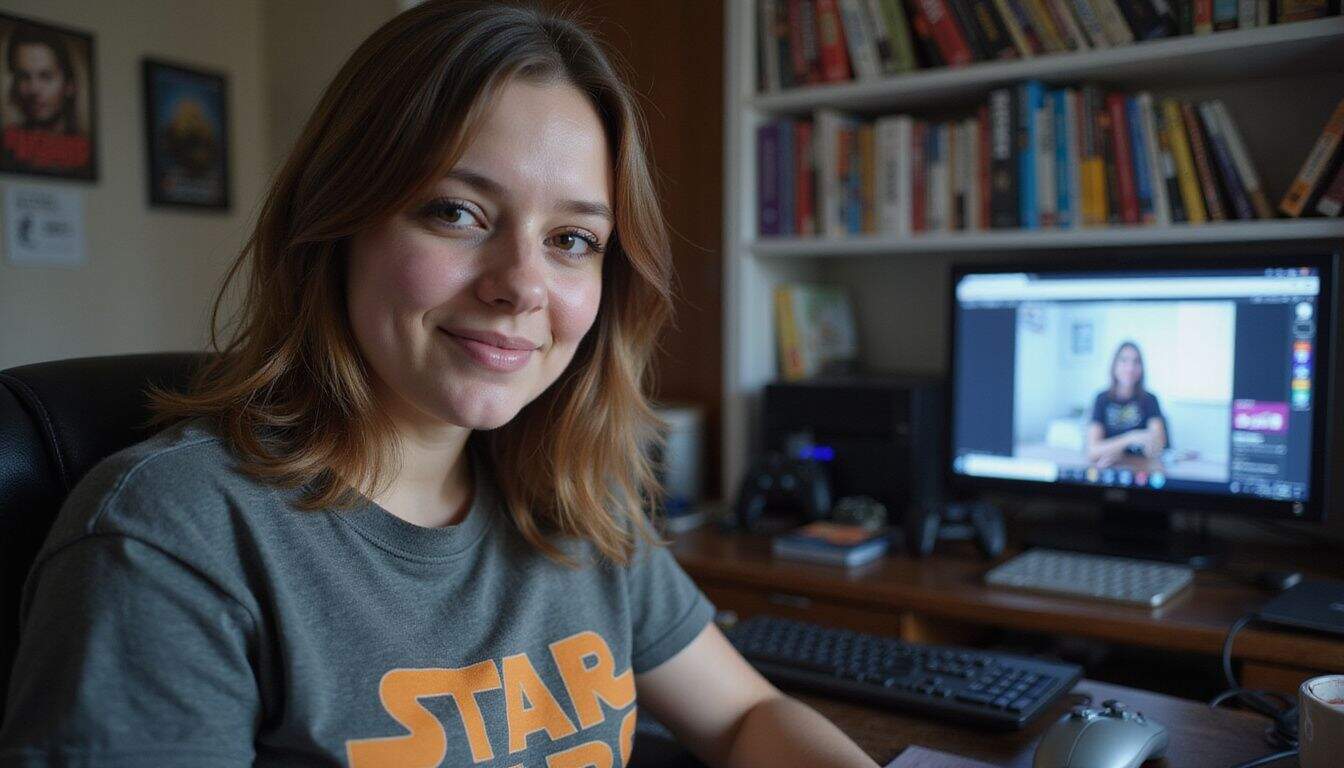 A woman in her 20s is chatting with friends on Discord in a room filled with gaming and comic book memorabilia. A woman in her 20s is chatting with friends on Discord in a room filled with gaming and comic book memorabilia.