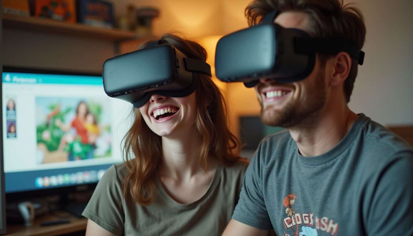A couple in their late 20s enjoying a virtual reality hangout in a geeky-inspired digital world. A couple in their late 20s enjoying a virtual reality hangout in a geeky-inspired digital world.