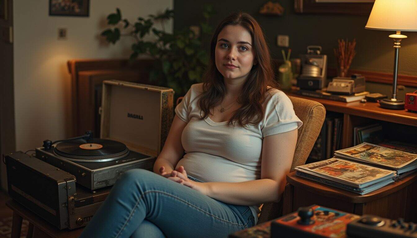 A woman in her late 20s enjoys geek culture with vinyl records, comic books, and a retro gaming console. A woman in her late 20s enjoys geek culture with vinyl records, comic books, and a retro gaming console.