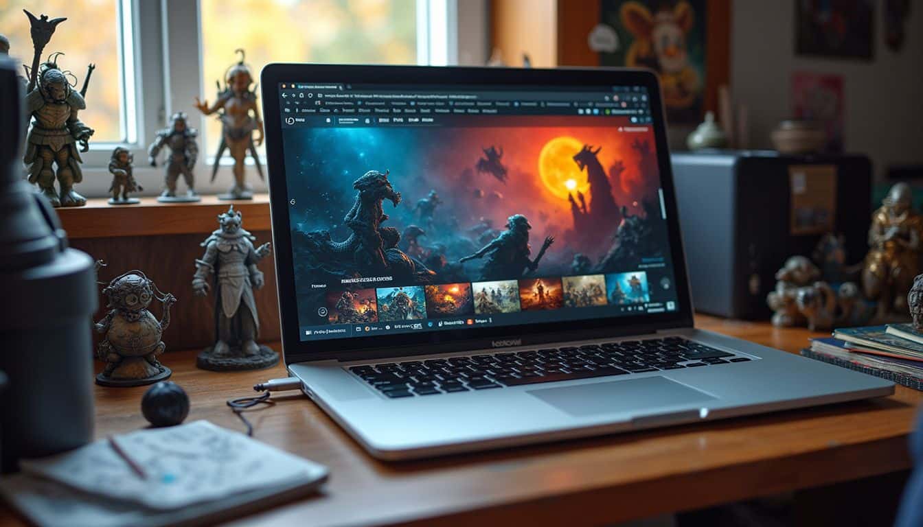 A cluttered desk with a gaming laptop, geeky figurines, and sci-fi posters reflects personal hobbies and interests. A cluttered desk with a gaming laptop, geeky figurines, and sci-fi posters reflects personal hobbies and interests.