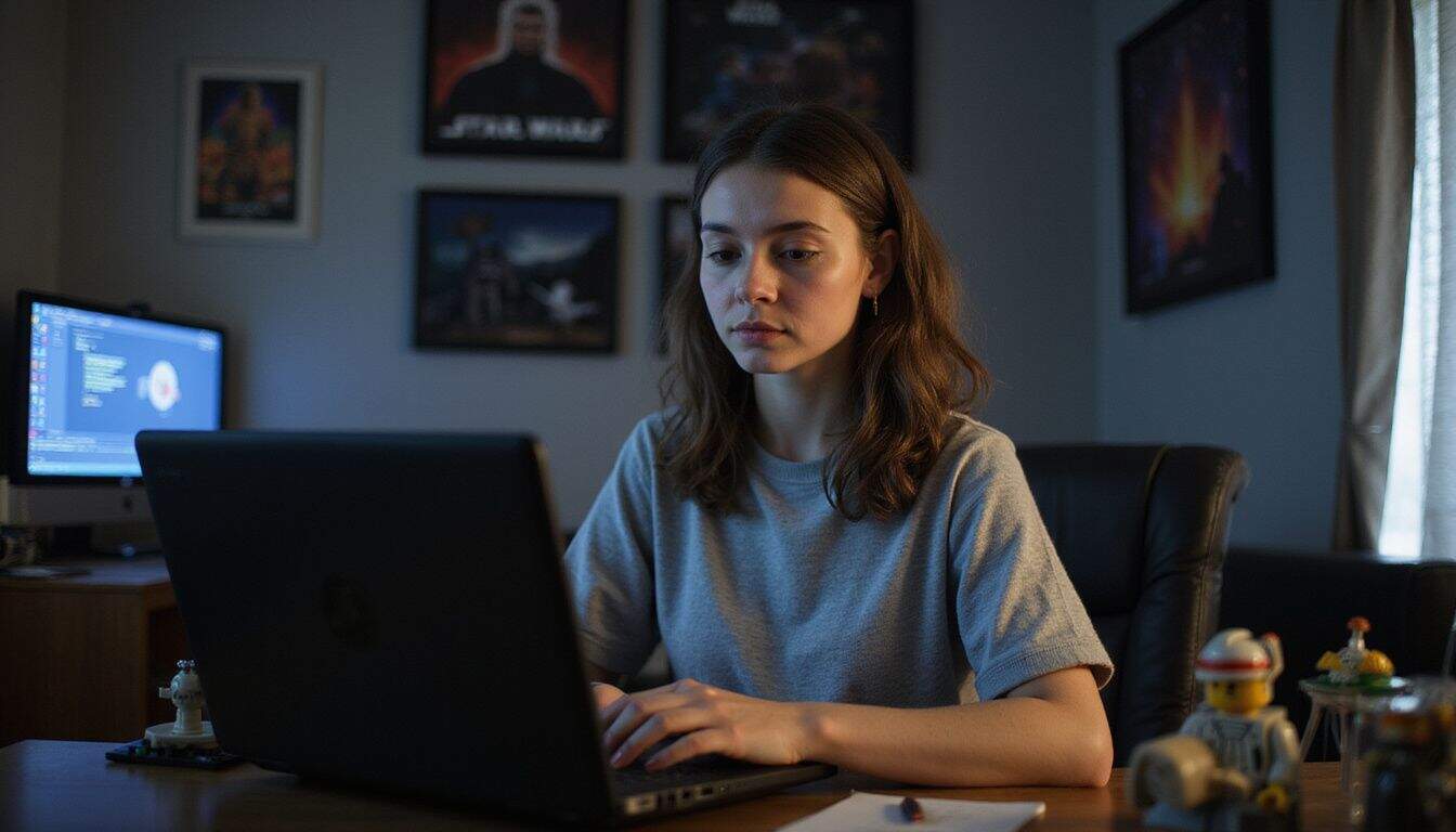 A woman in her late 20s is casually coding on her laptop surrounded by Star Wars posters and Lego sets. A woman in her late 20s is casually coding on her laptop surrounded by Star Wars posters and Lego sets.