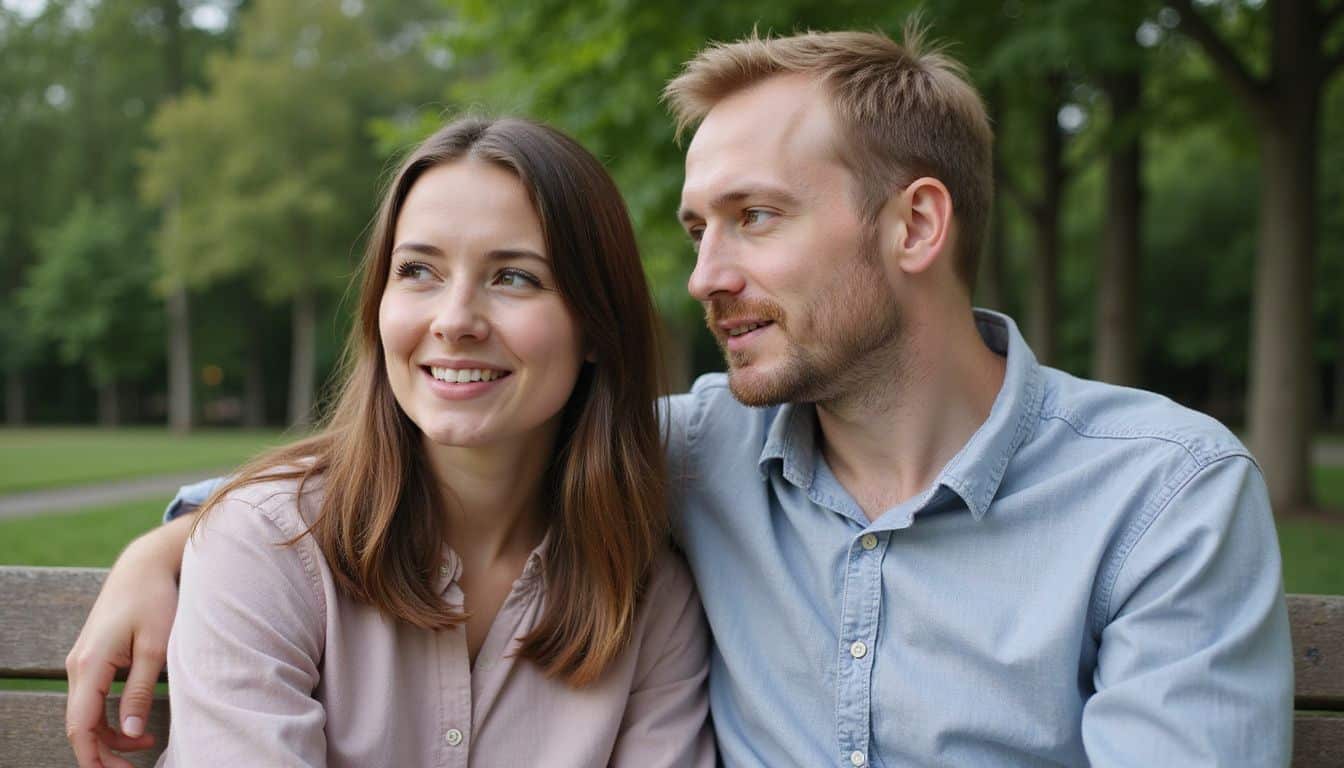 A couple in their thirties having a deep conversation on a park bench. A couple in their thirties having a deep conversation on a park bench.