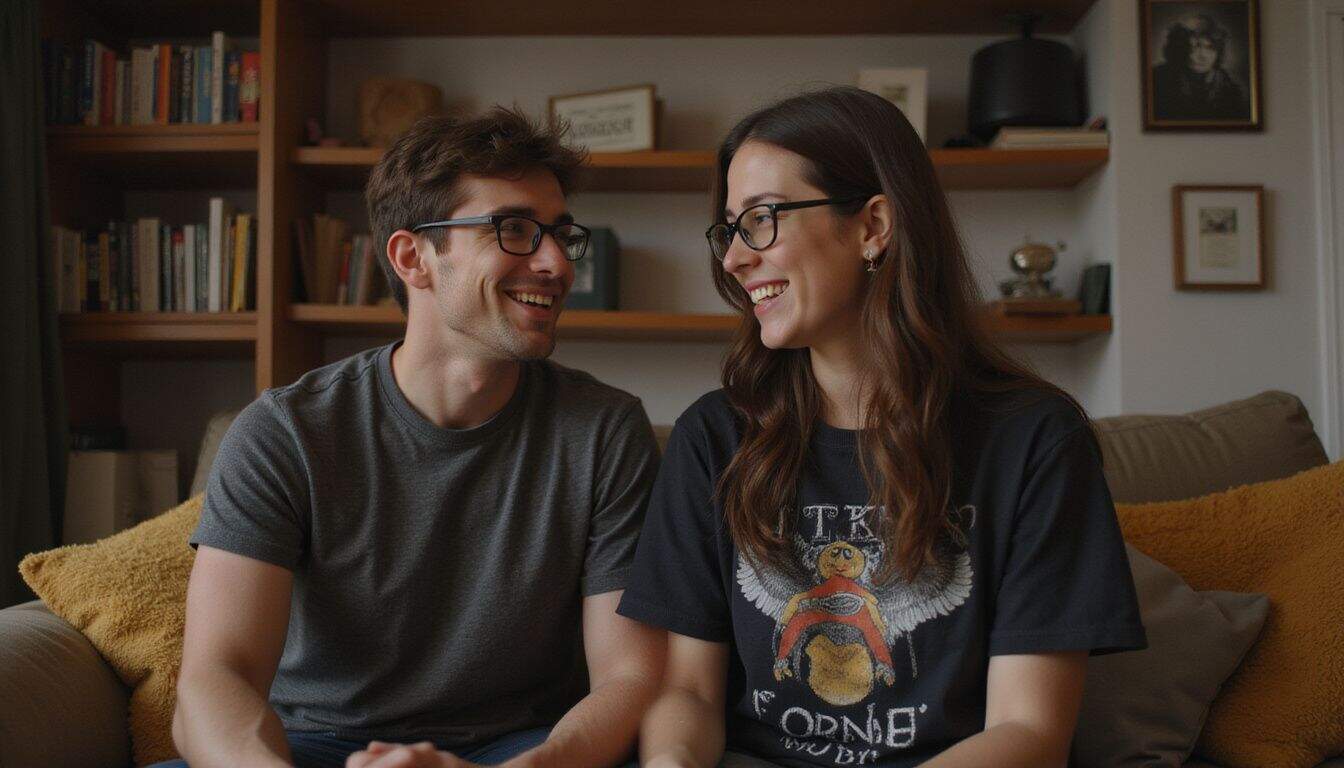 A man and his girlfriend talk casually in a cozy, cluttered living room. A man and his girlfriend talk casually in a cozy, cluttered living room.