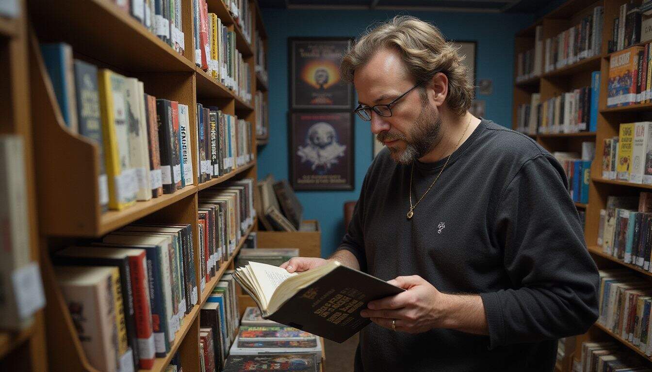 A man in his 30s browsing science fiction novels at a cozy bookstore. A man in his 30s browsing science fiction novels at a cozy bookstore.