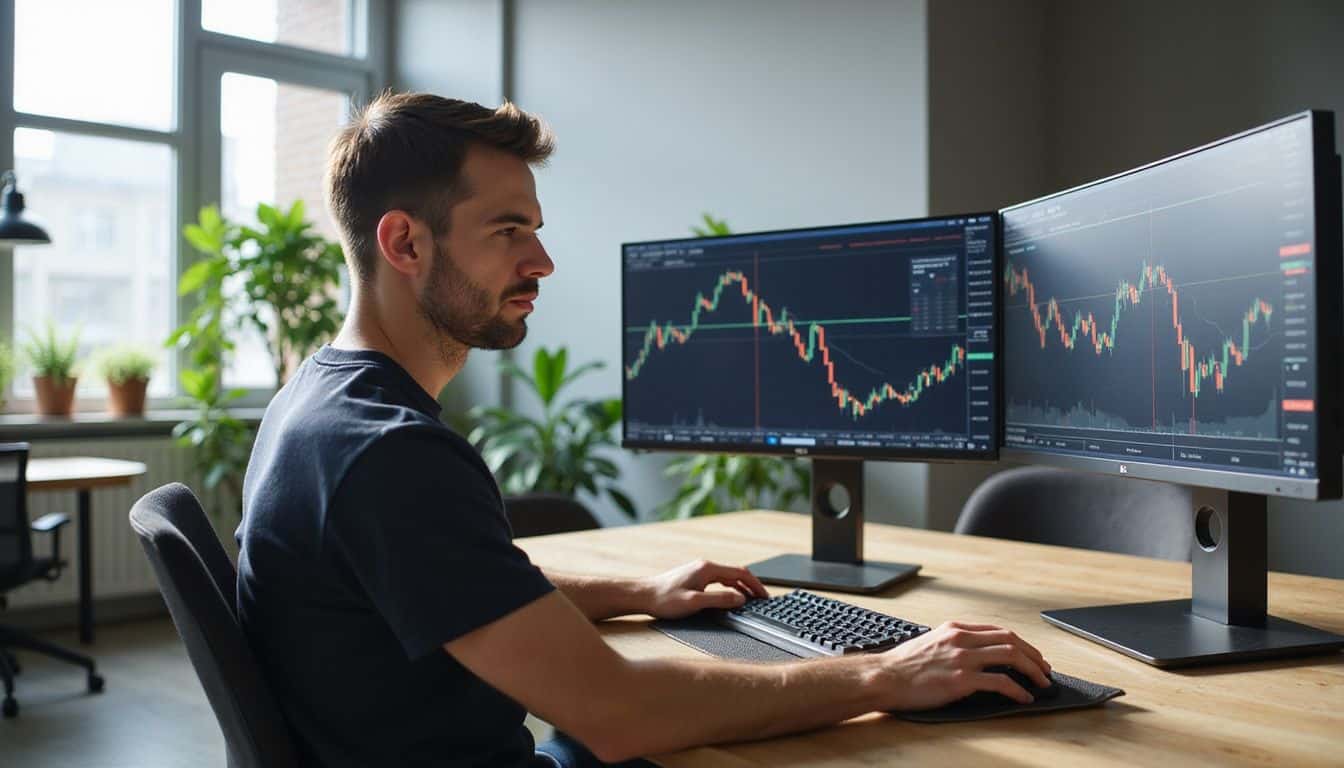 A man in a modern office, focused on cryptocurrency trading algorithms and blockchain data. A man in a modern office, focused on cryptocurrency trading algorithms and blockchain data.