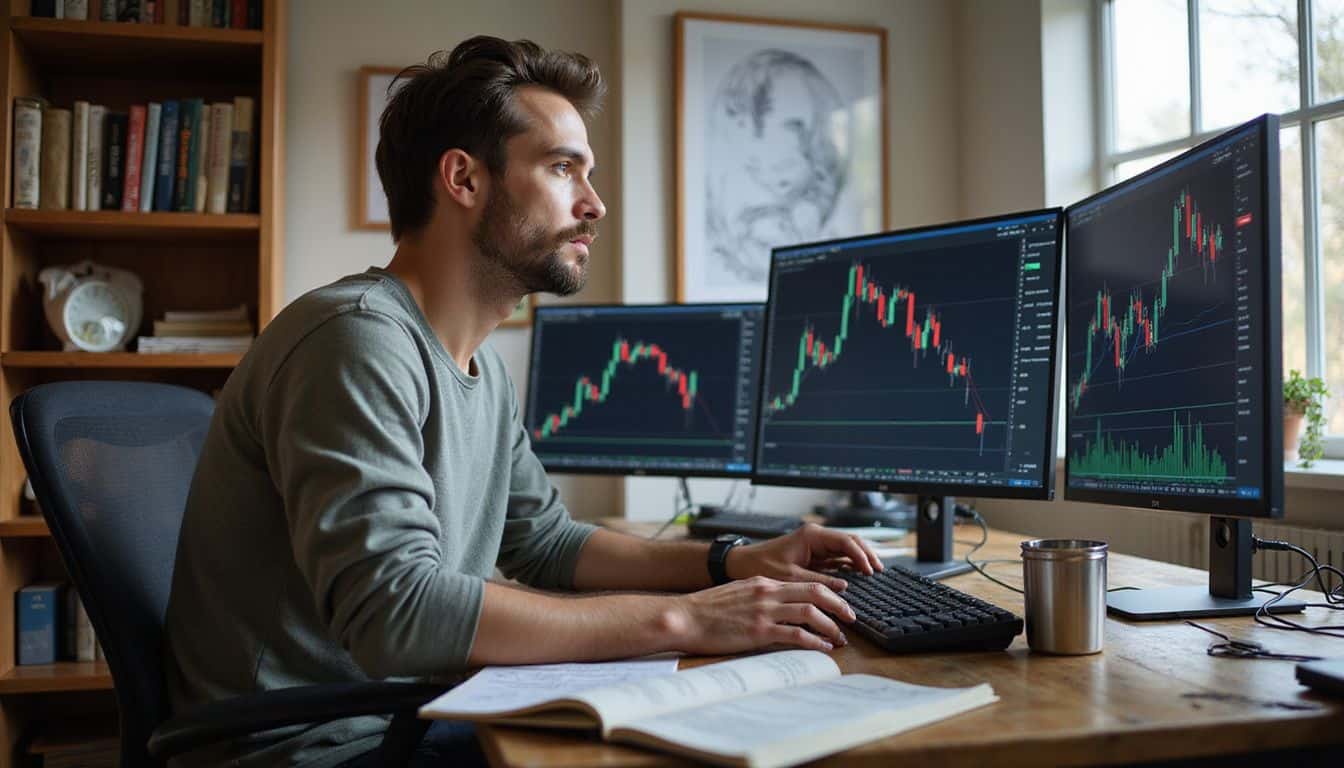 A focused man in his late 20s works on programming an AI-powered crypto trading bot in his cluttered, well-used workspace. A focused man in his late 20s works on programming an AI-powered crypto trading bot in his cluttered, well-used workspace.