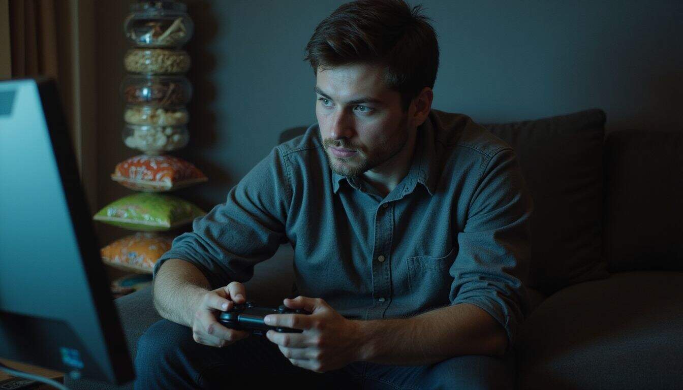 A man in his mid-20s is seen sitting in a dimly lit room, focused on his gaming console and surrounded by snacks.