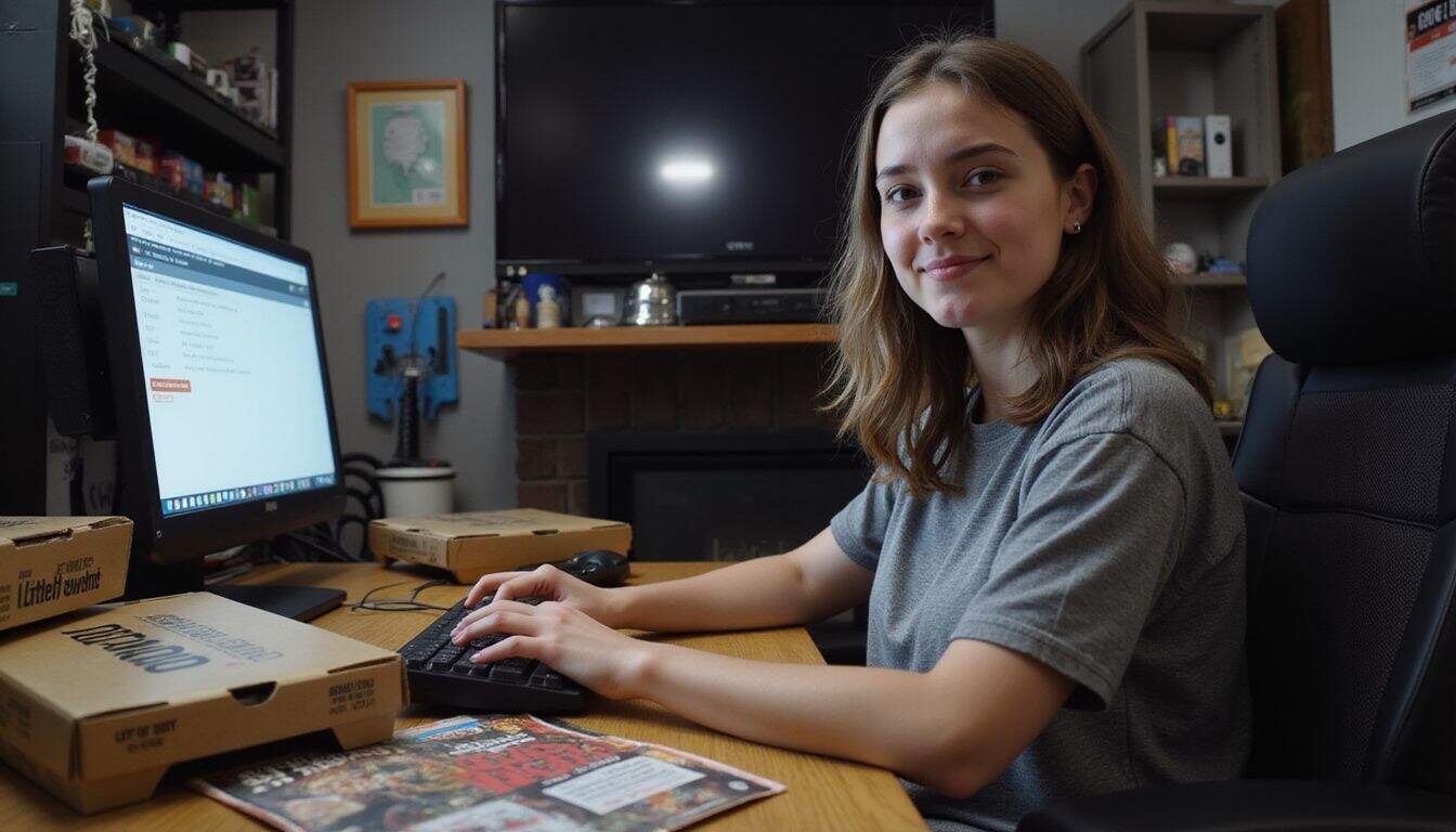 A young woman eagerly redeems a promotional code for Call of Duty Points on her computer while surrounded by pizza boxes.