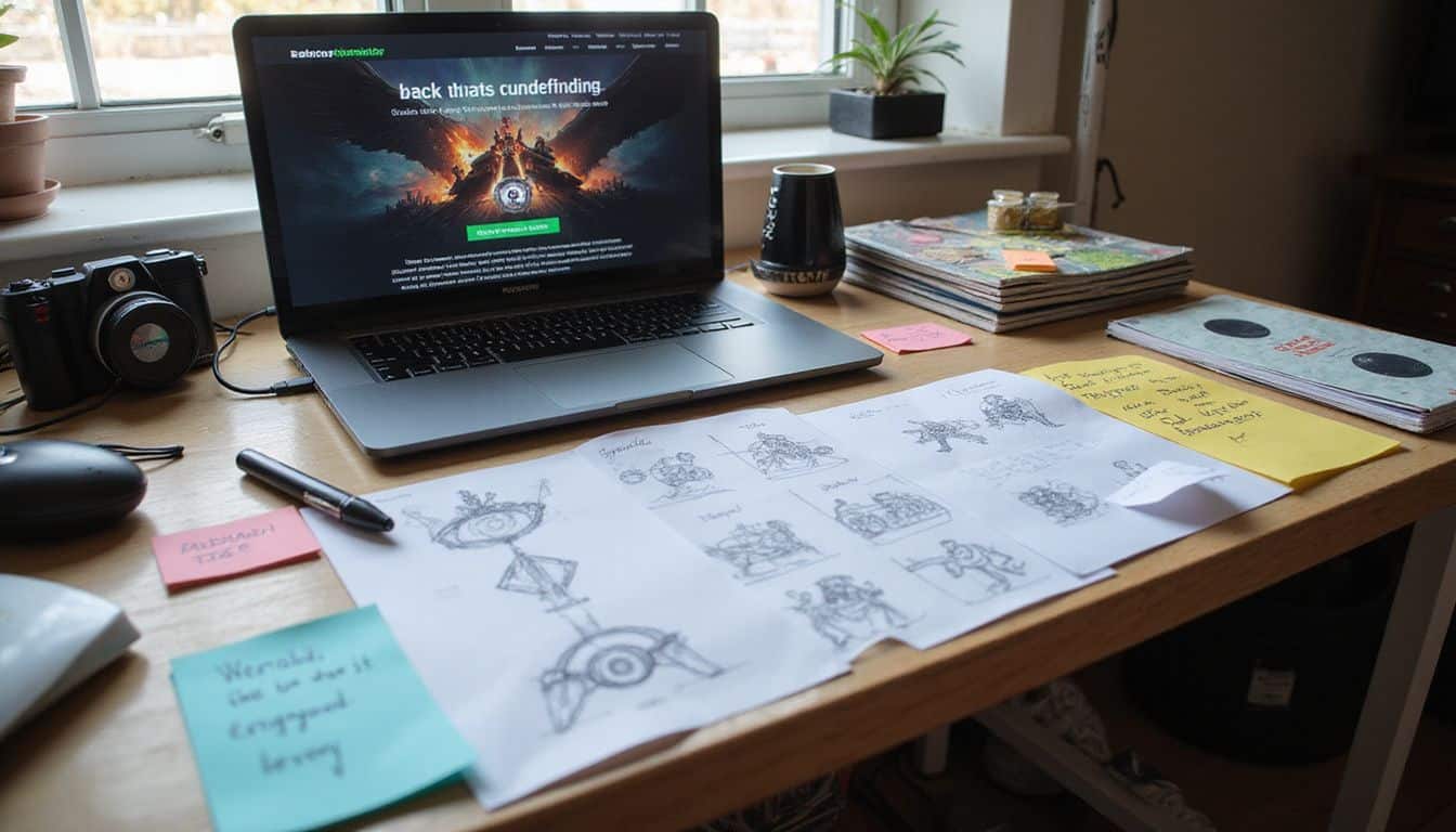 A cluttered home office desk of an indie game developer with laptop, game design sketches, and crowdfunding notes. A cluttered home office desk of an indie game developer with laptop, game design sketches, and crowdfunding notes.