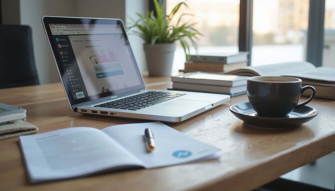 A modern office desk with a laptop, textbooks, FAANG sticker, and coffee. A modern office desk with a laptop, textbooks, FAANG sticker, and coffee.