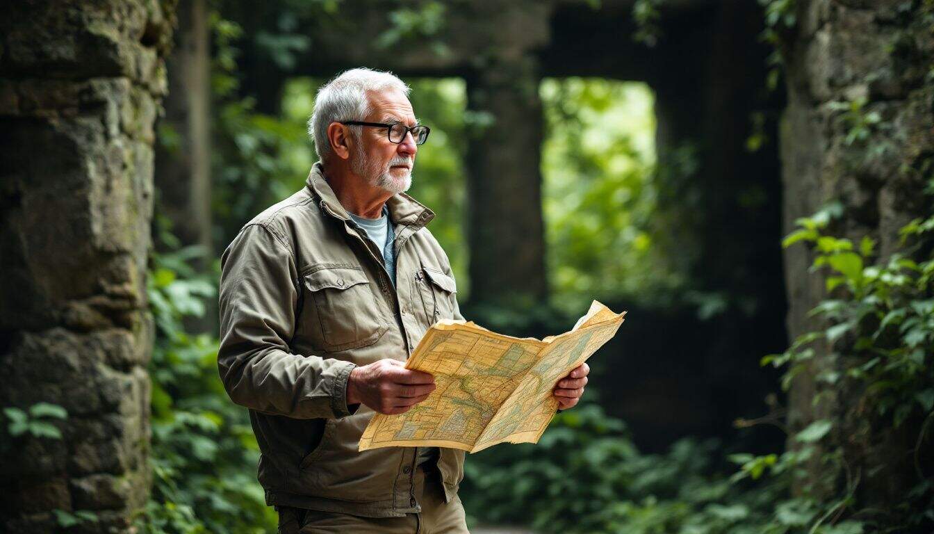 Elderly man holding map in overgrown ruins. Elderly man holding map in overgrown ruins.