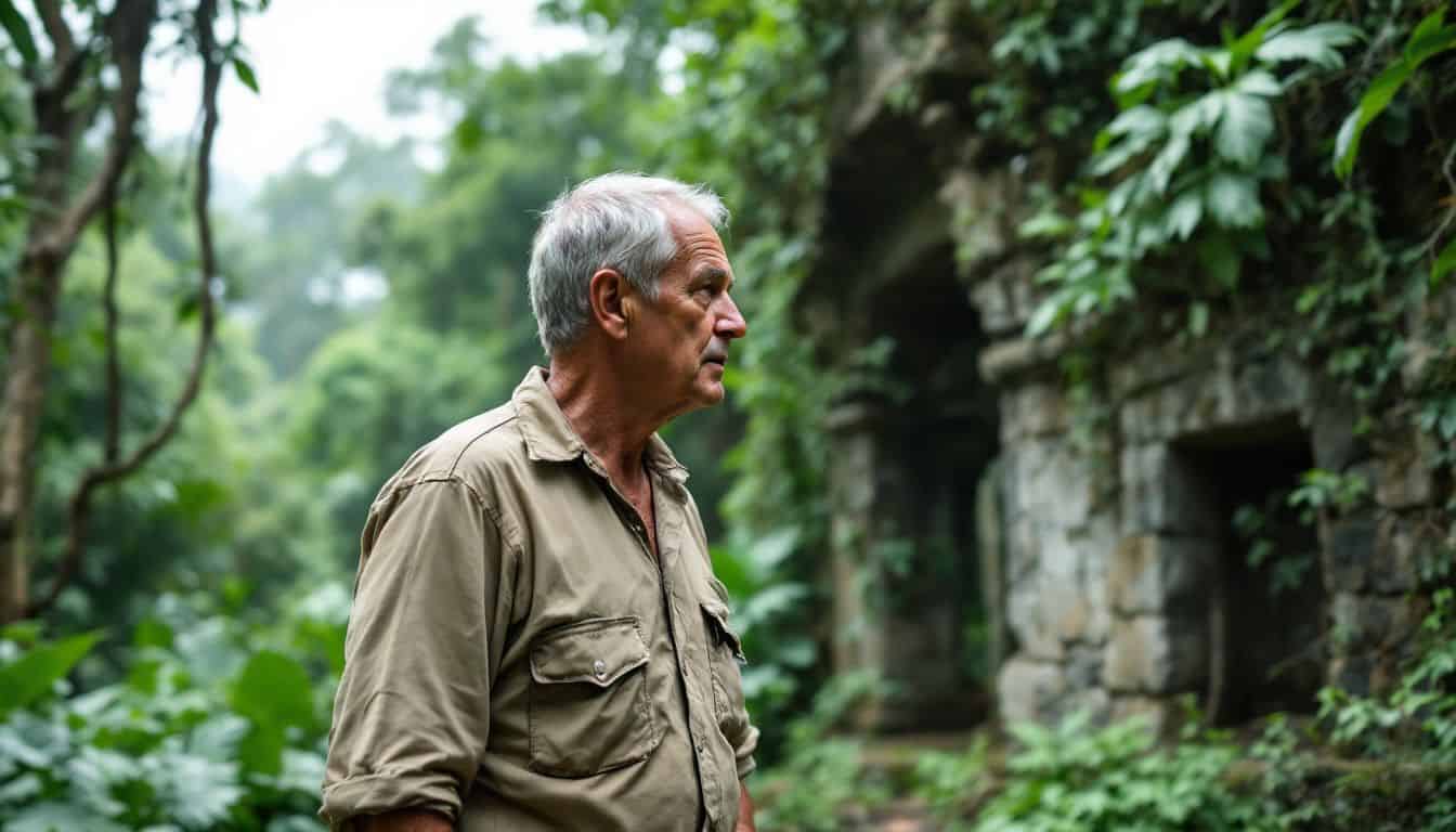 An older man explores stone ruins in dense Amazon rainforest. An older man explores stone ruins in dense Amazon rainforest.