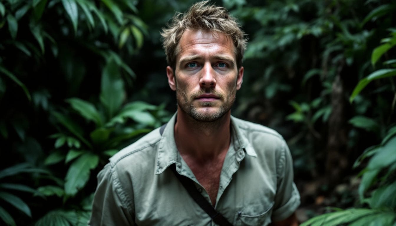 A man explores a dense jungle surrounded by ancient artifacts. A man explores a dense jungle surrounded by ancient artifacts.