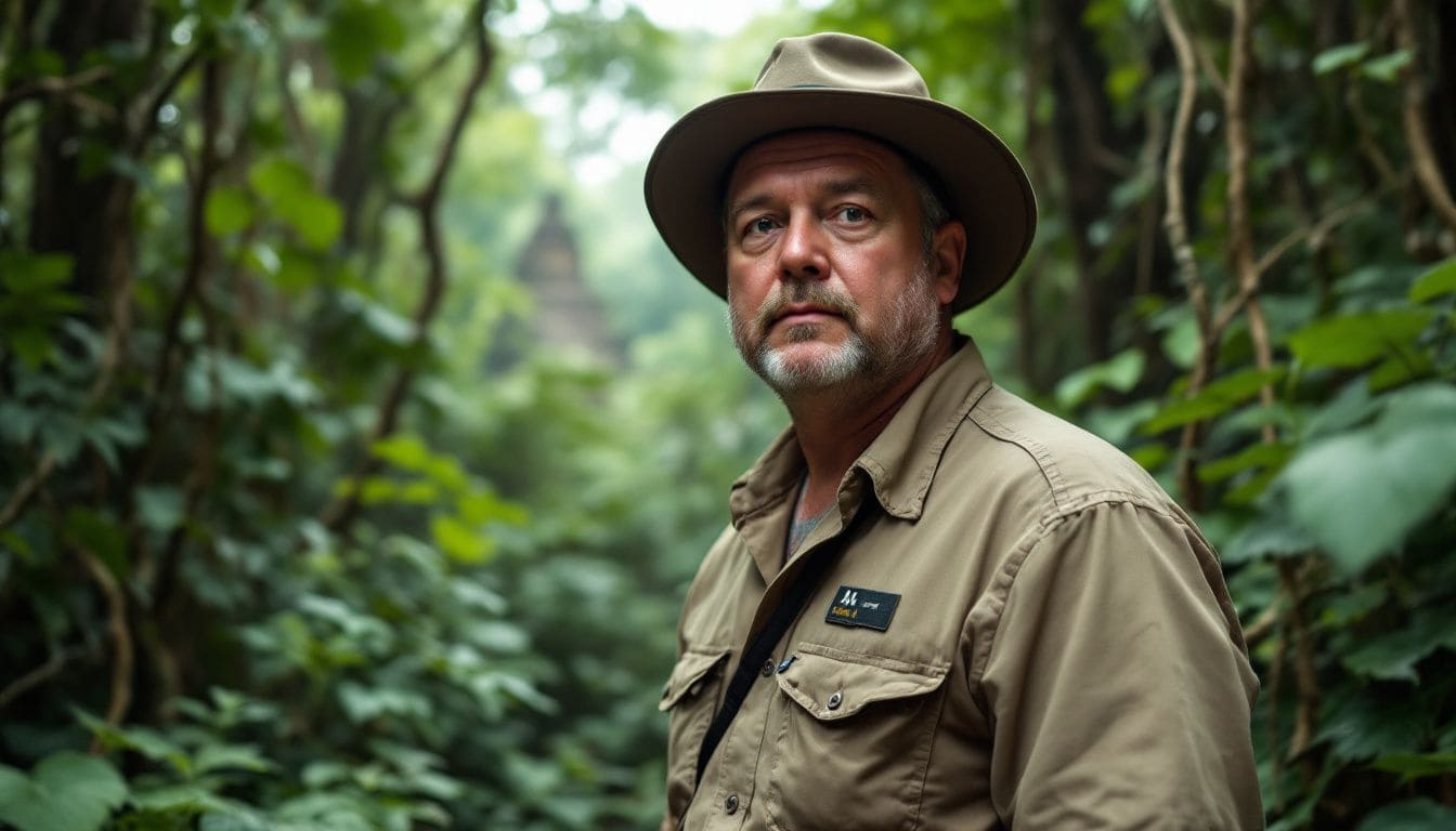 An explorer in the Amazon jungle wearing safari gear. An explorer in the Amazon jungle wearing safari gear.
