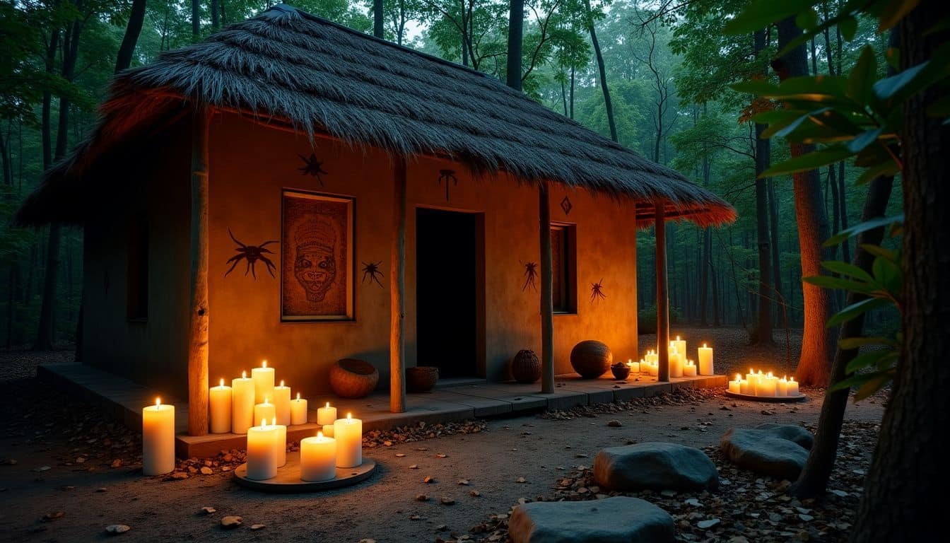 An abandoned hut in the Amazon rainforest adorned with ancient symbols and artifacts. An abandoned hut in the Amazon rainforest adorned with ancient symbols and artifacts.