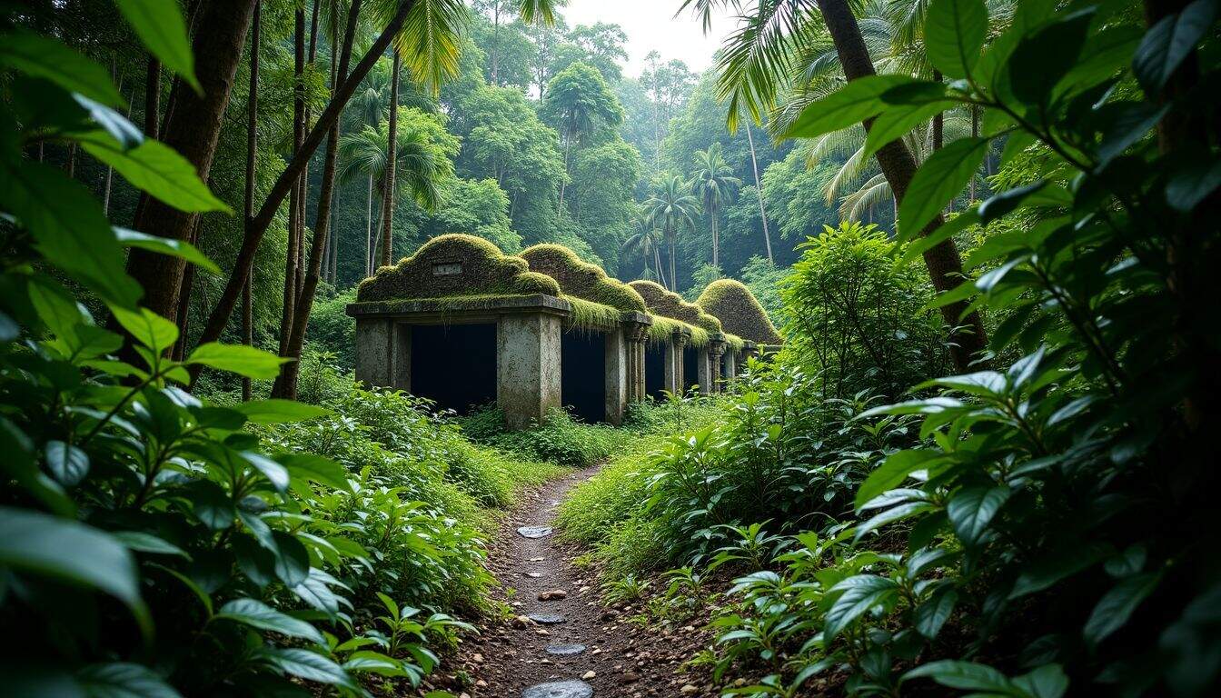 A dense jungle with ancient ruins and remnants of past expeditions. A dense jungle with ancient ruins and remnants of past expeditions.