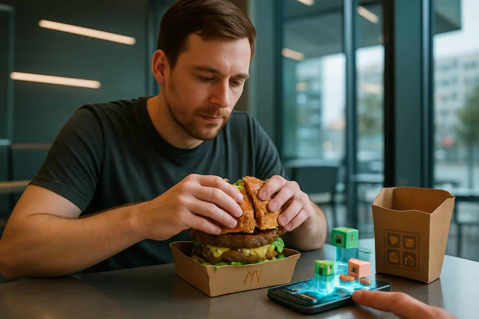 A man enjoys a Big Mac meal and plays holographic Minecraft on his smartphone at a modern McDonald's. A man enjoys a Big Mac meal and plays holographic Minecraft on his smartphone at a modern McDonald's.
