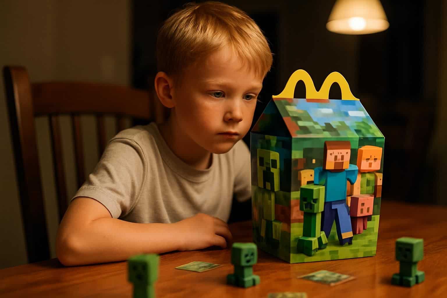 A young child playing with a Minecraft-themed Happy Meal and toys at a wooden dining table. A young child playing with a Minecraft-themed Happy Meal and toys at a wooden dining table.