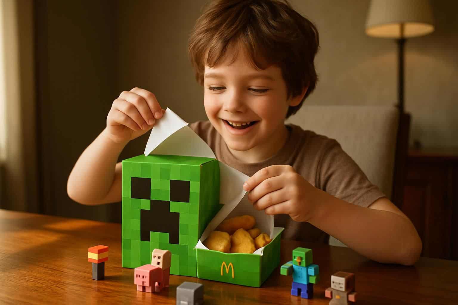 A child joyfully unwraps a McDonald's Minecraft Movie Meal box, revealing Chicken McNuggets and themed toys. A child joyfully unwraps a McDonald's Minecraft Movie Meal box, revealing Chicken McNuggets and themed toys.