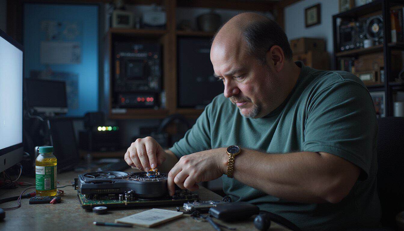 A man in his 30s is upgrading his GPU cooling system in a dimly lit room. A man in his 30s is upgrading his GPU cooling system in a dimly lit room.