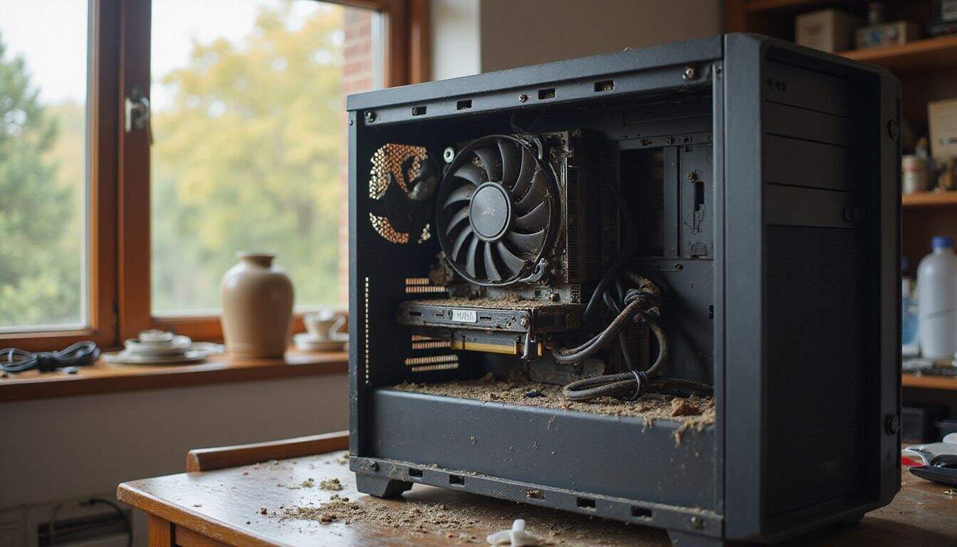 An open desktop computer case with a dusty graphics card and tangled cables. An open desktop computer case with a dusty graphics card and tangled cables.