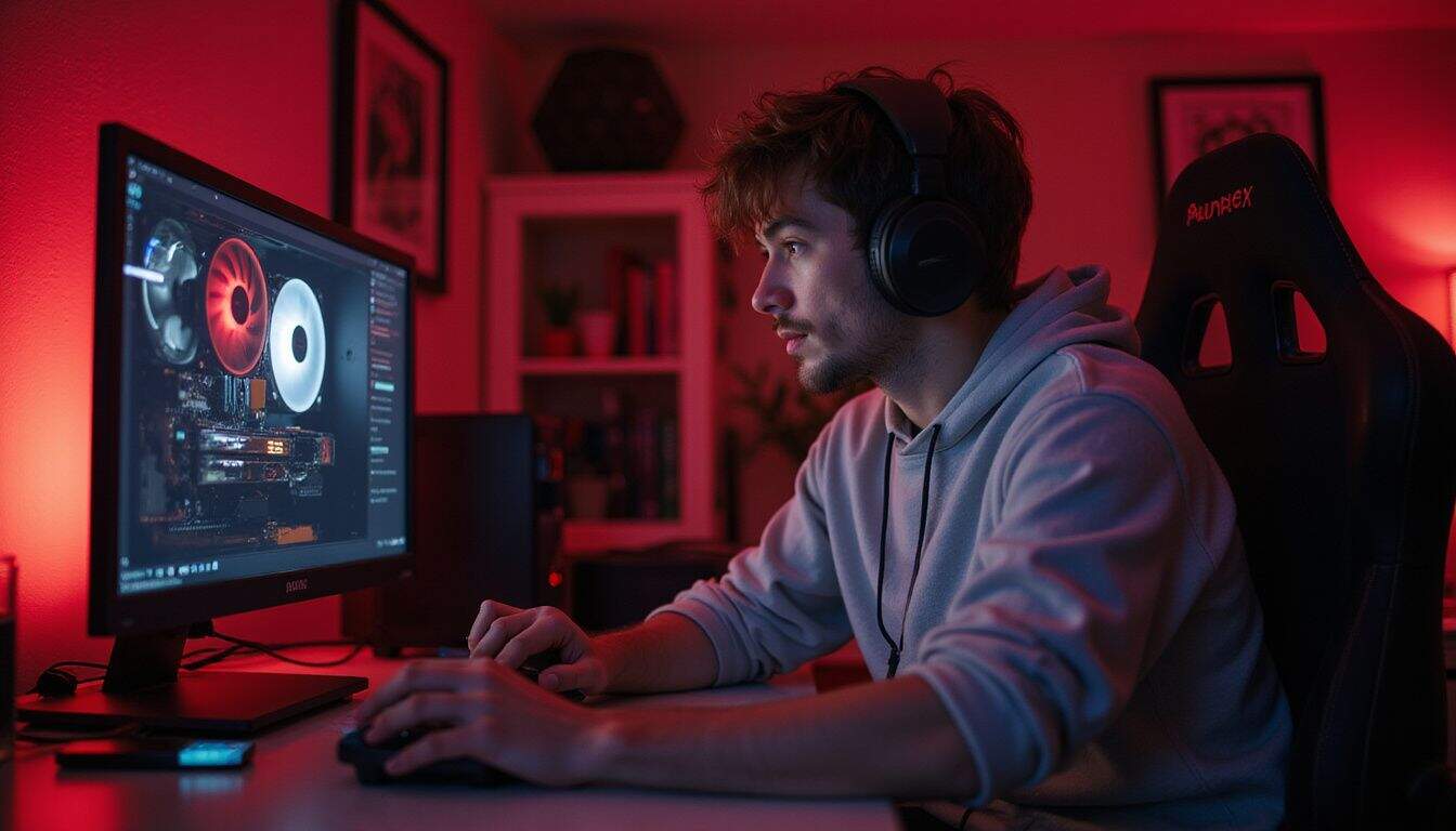 A man in his late 20s adjusts his gaming setup to monitor and maintain his GPU temperature. A man in his late 20s adjusts his gaming setup to monitor and maintain his GPU temperature.