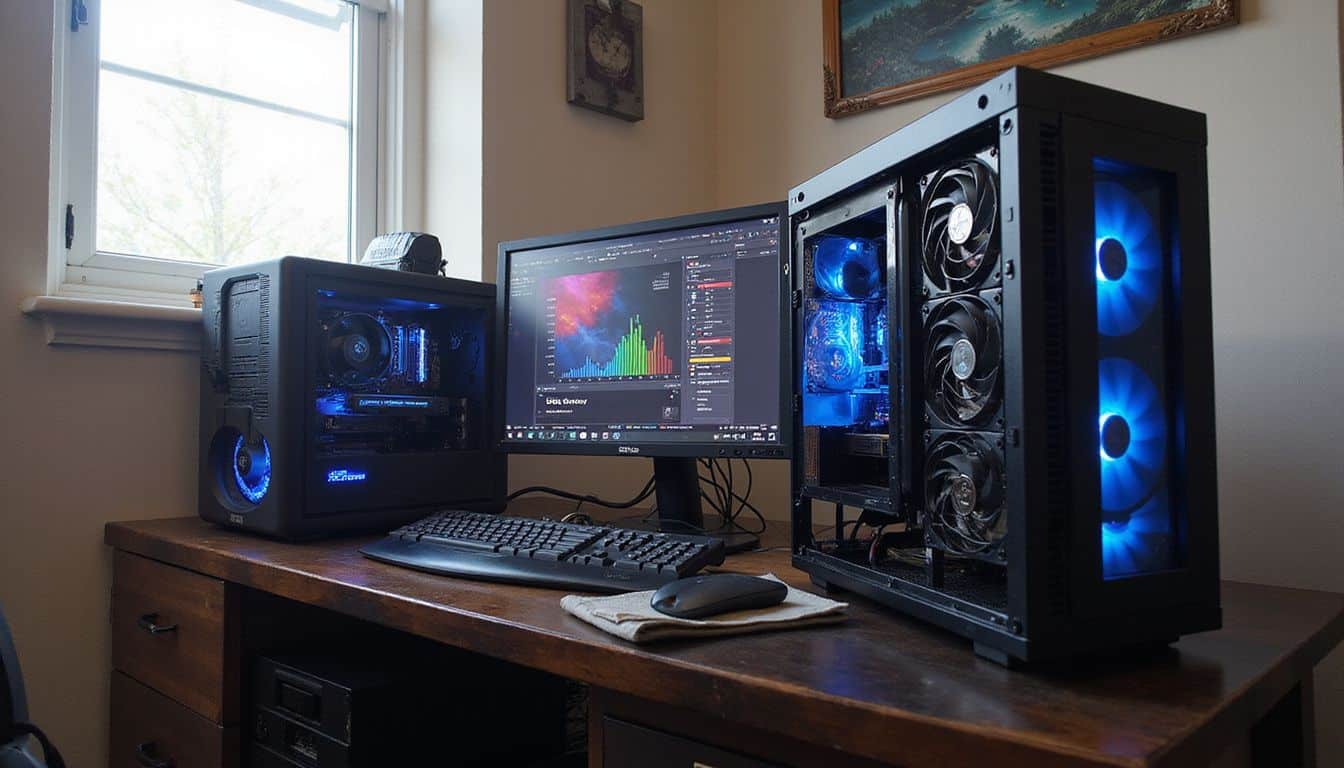 A custom gaming PC setup with high-end graphics cards and organized power supply units. A custom gaming PC setup with high-end graphics cards and organized power supply units.