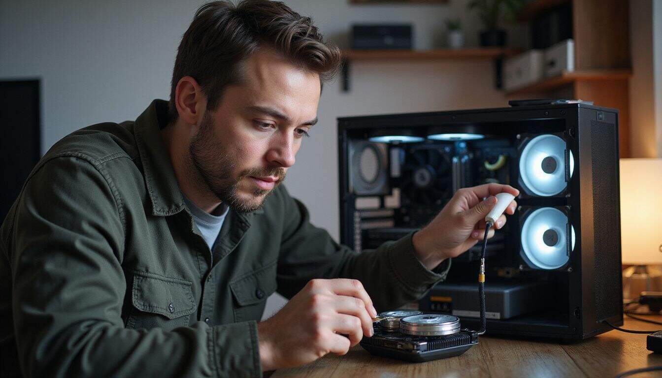 A man in his 30s is assembling a custom PC, focusing on improving airflow and applying thermal paste to the GPU. A man in his 30s is assembling a custom PC, focusing on improving airflow and applying thermal paste to the GPU.