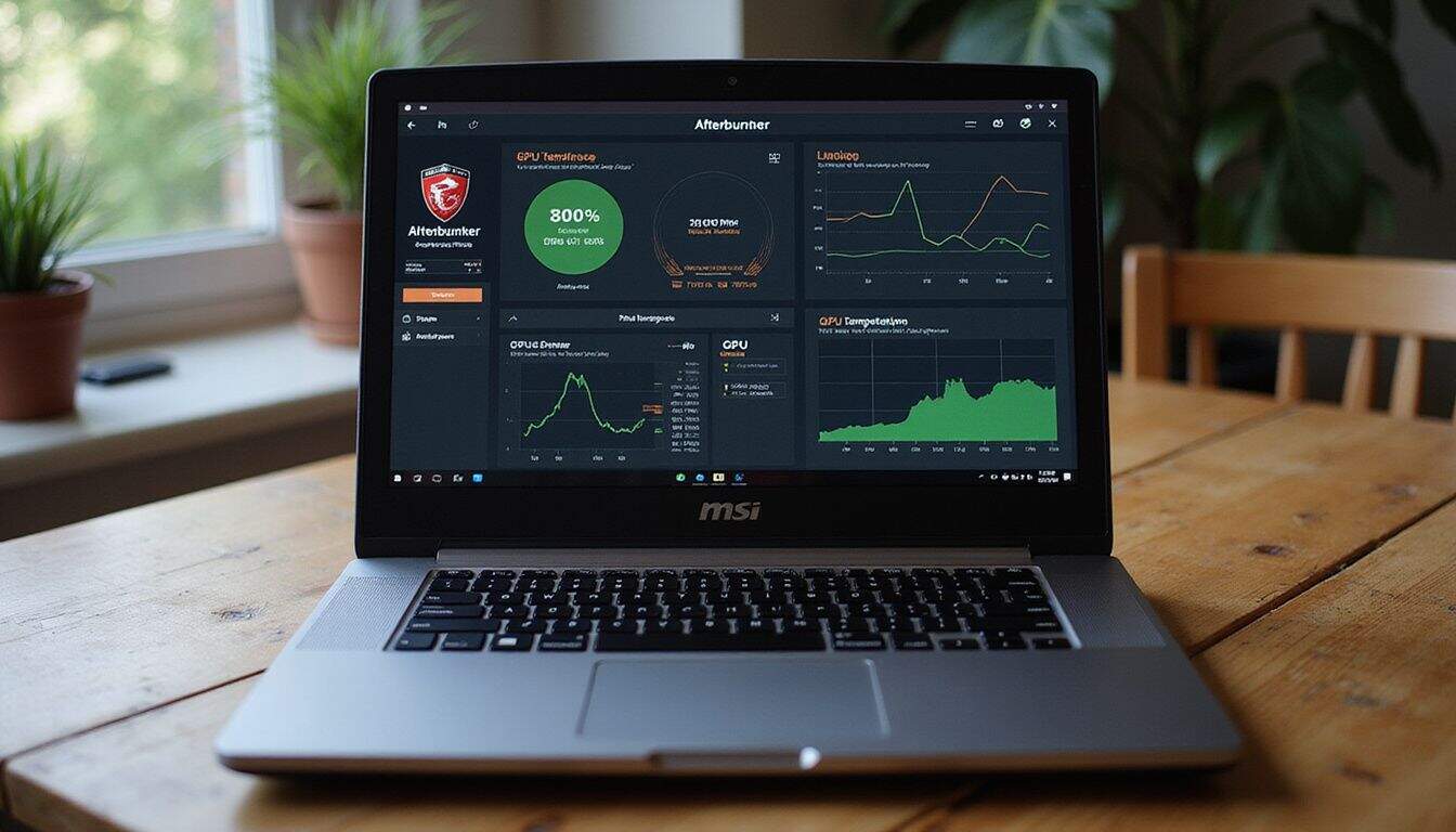 A top-down photo of a gaming laptop displaying MSI Afterburner dashboard with GPU temperature graphs. A top-down photo of a gaming laptop displaying MSI Afterburner dashboard with GPU temperature graphs.