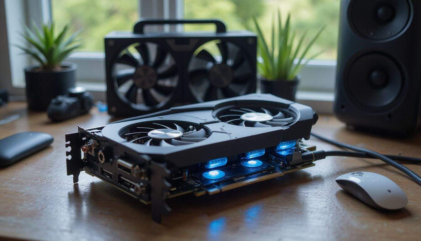 A modern gaming setup featuring a mid-range graphic card with advanced cooling technology for optimal performance. A modern gaming setup featuring a mid-range graphic card with advanced cooling technology for optimal performance.