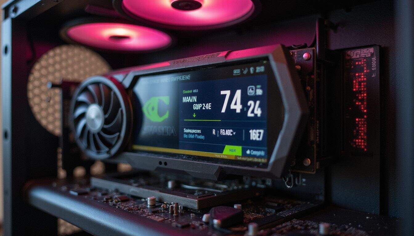 A close-up photo of a modern NVIDIA or AMD graphics card inside a computer case, displaying the idle temperature and fan status. A close-up photo of a modern NVIDIA or AMD graphics card inside a computer case, displaying the idle temperature and fan status.