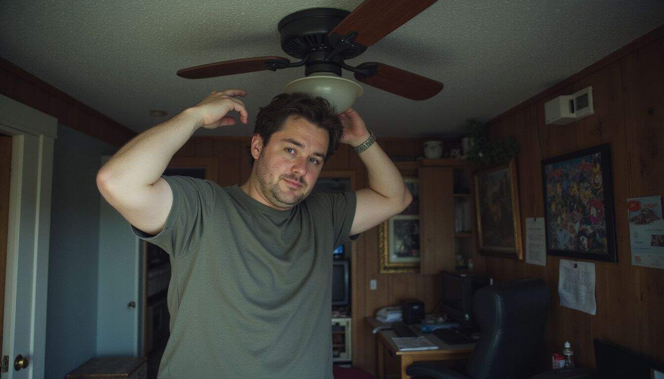 A man is adjusting a ceiling fan in a cluttered gaming room. A man is adjusting a ceiling fan in a cluttered gaming room.