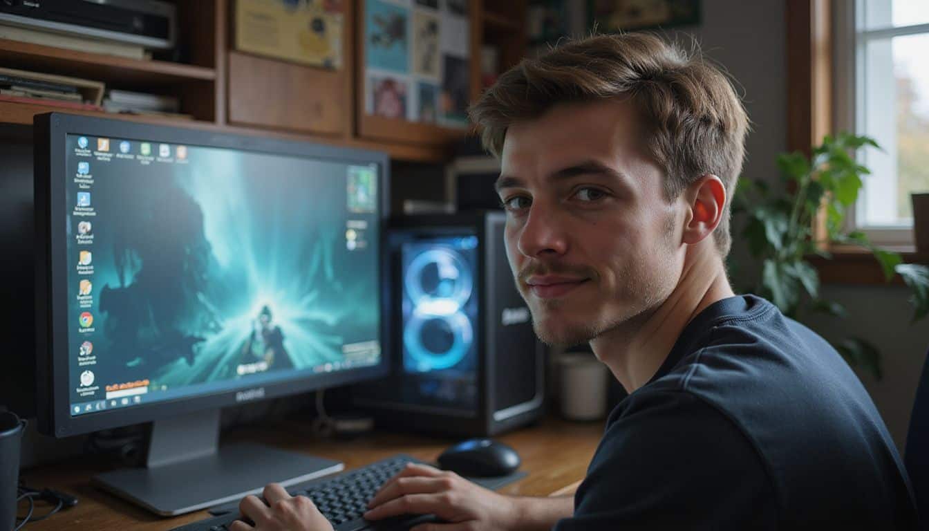 A young man in his 20s sitting at a cluttered desk with a frozen game on his computer screen. A young man in his 20s sitting at a cluttered desk with a frozen game on his computer screen.