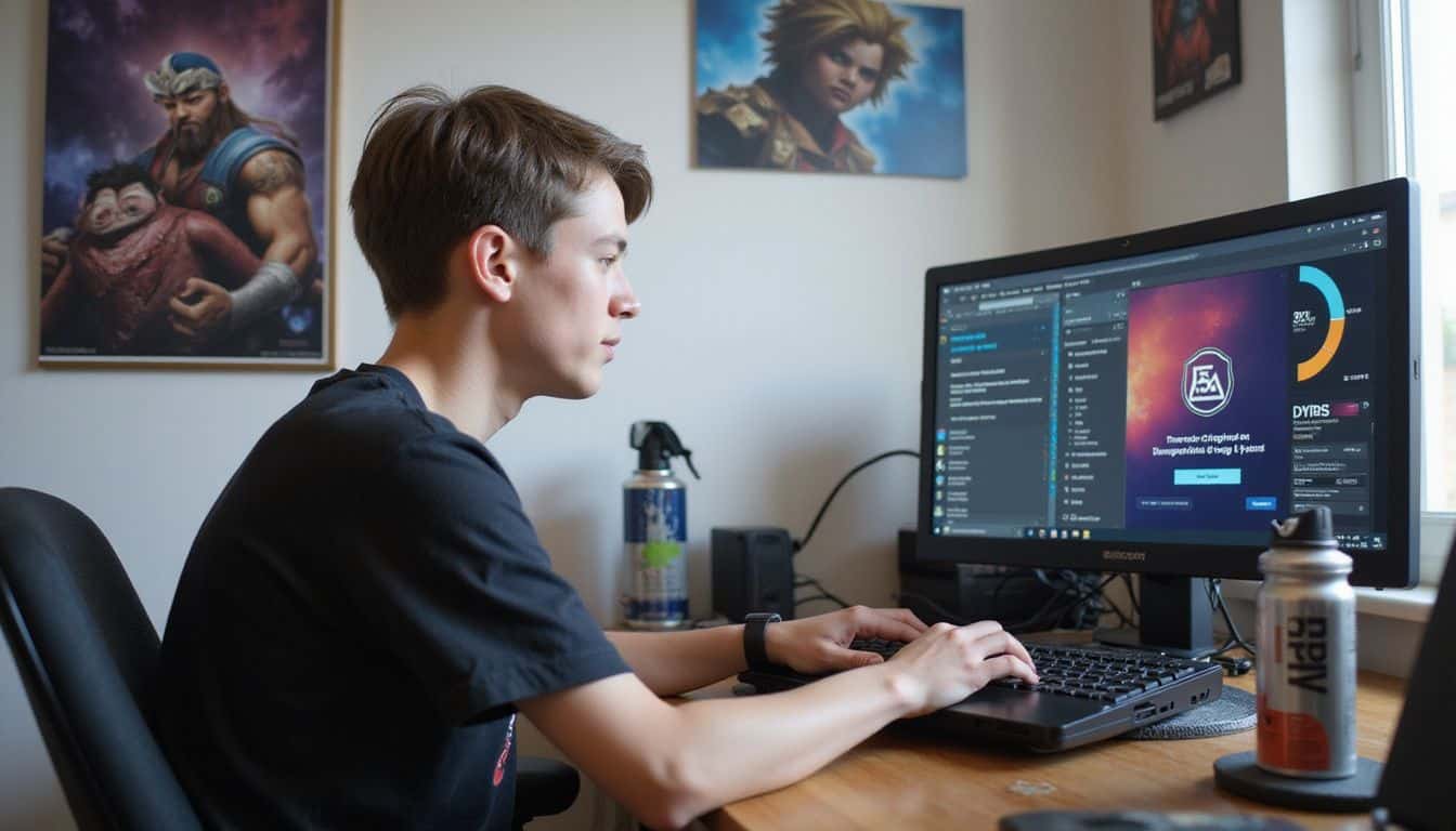 A teenage boy is seated at his messy desk, checking the GPU temperature on his gaming laptop.