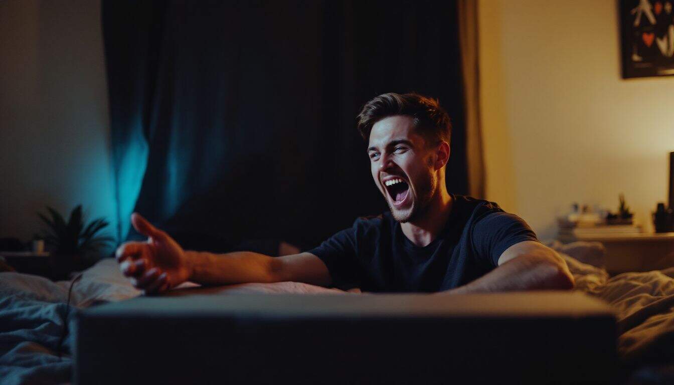 A young man excitedly unboxes a custom-built gaming PC in his bedroom.